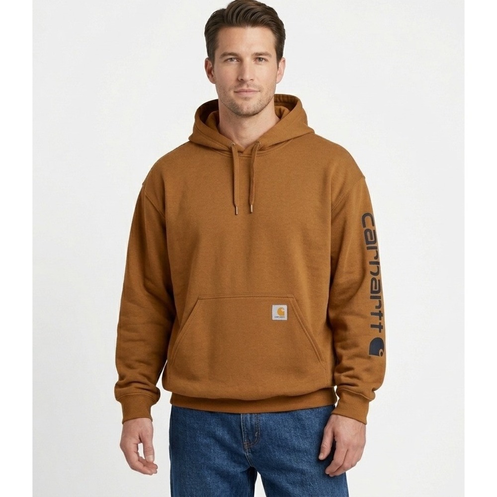 Carhartt Mens Loose Fit‎ Midweight Logo Sleeve Hoodie Brown Tan Fleece Large